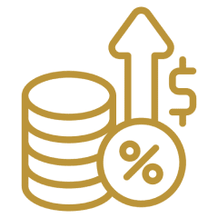 Coins, percentage, dollar sign with upward arrow.
